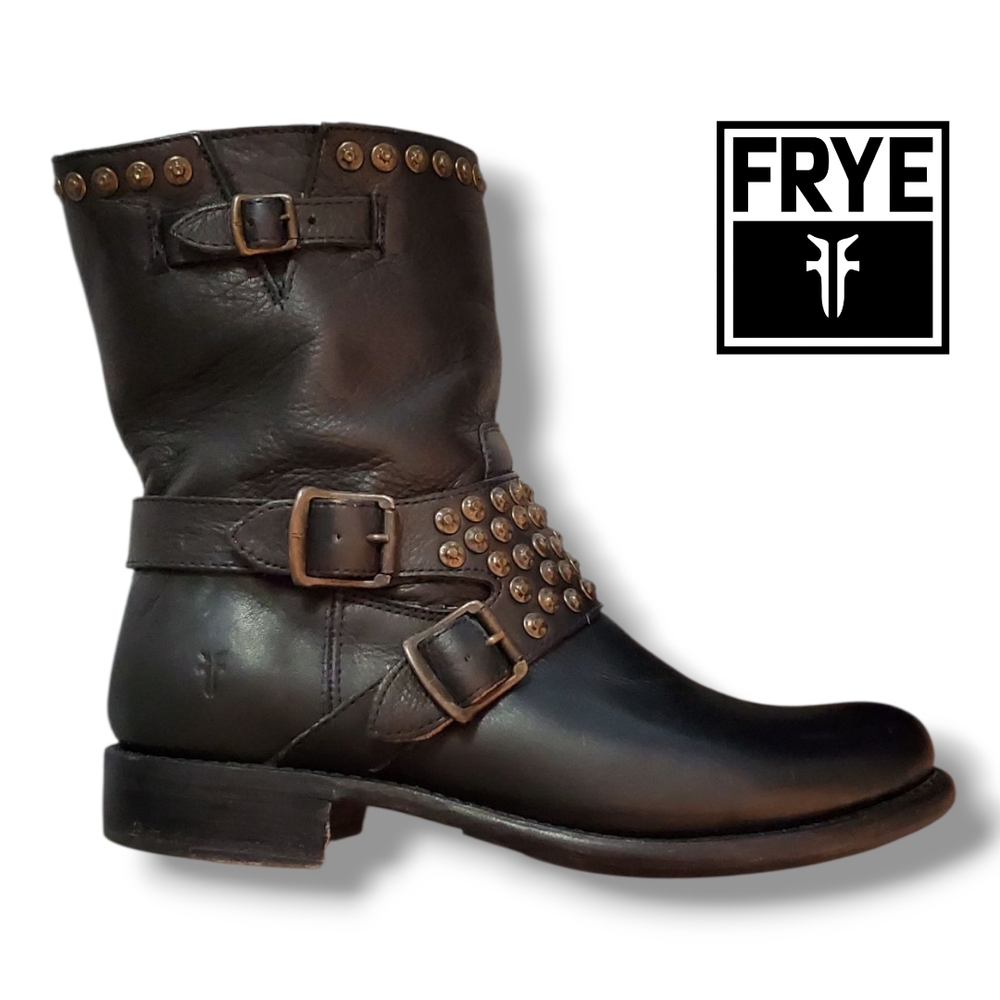 FRYE JENNA Black Leather Studded Ankle Moto Engineer Biker Boots Women's Size 10 - Picture 3 of 12